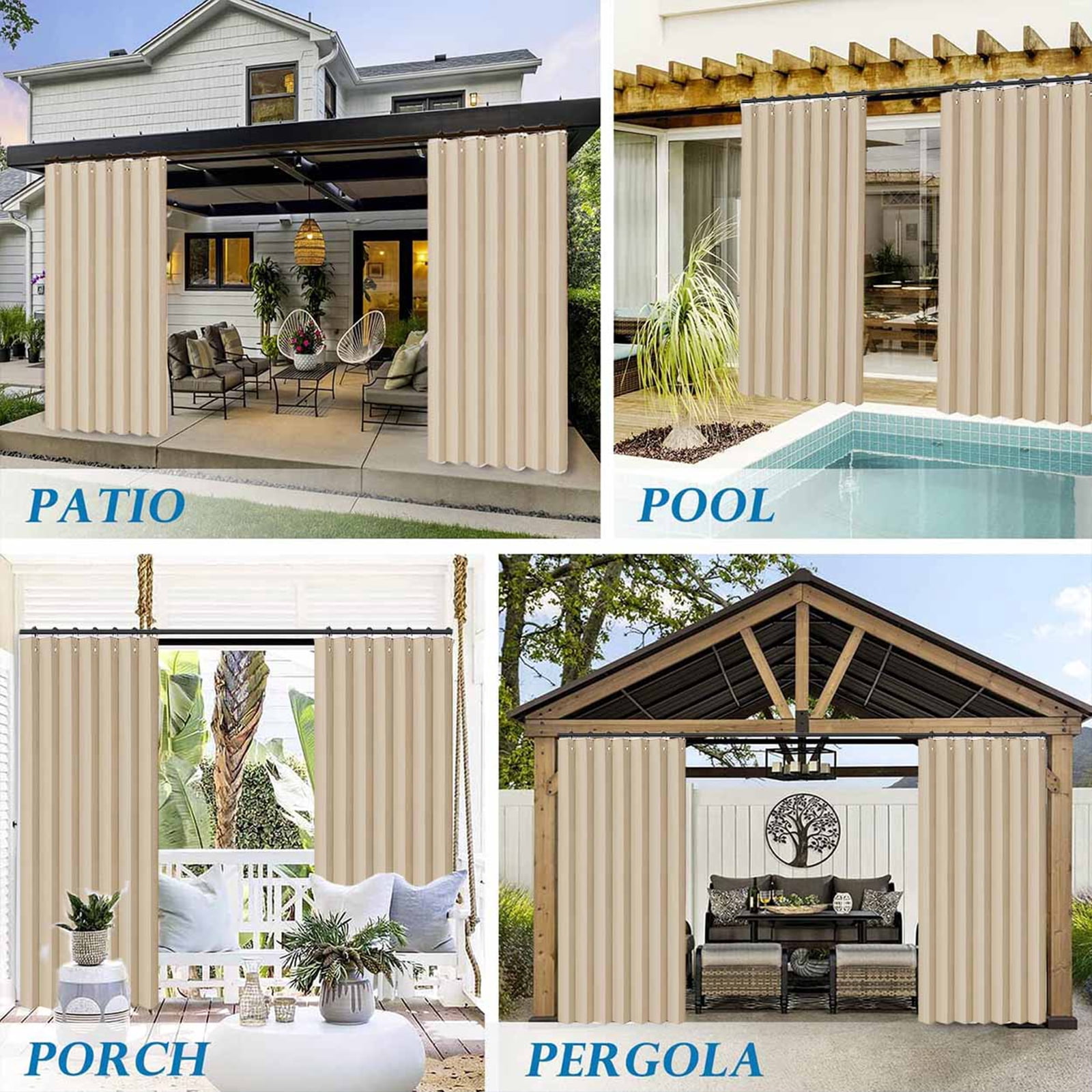 Lapalife Vertical Outdoor Curtains for Patio Waterproof with Hooks, 55"x 95" Vertical Privacy Drapes Shower Curtain Door Curtain Living Room Bedroom, 1 Panel, Beige