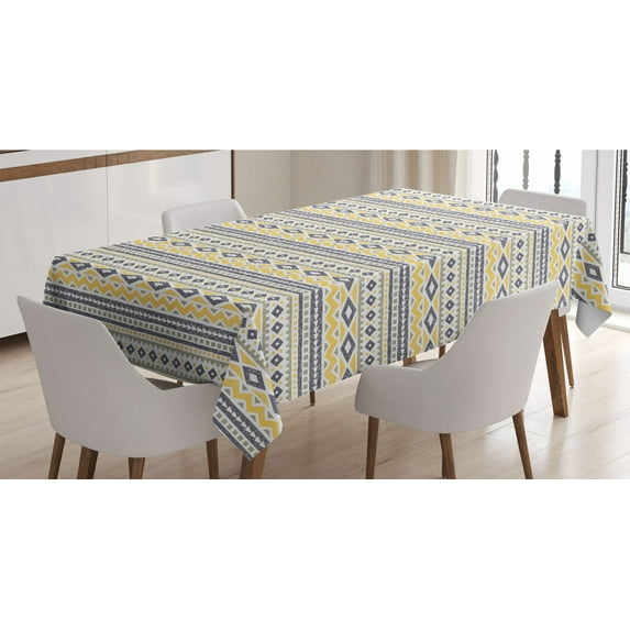 Retro Tablecloth, Wavy Stripes Triangles Dots Rhombuses and Squares Pattern in Tribal Geometric Design, Rectangle Satin Table Cover for Dining Room and Kitchen, 52" X 70", Multicolor, by Ambesonne