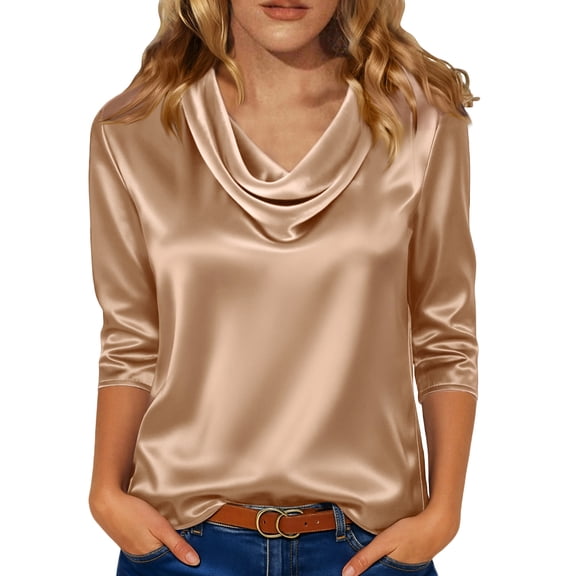 Lumtrix Dressy Tops For Women 3/4 Sleeve Silk Satin Blouses Business Work T Shirts Loose Fit Cowl Neck Spring 2026 Summer Tees Khaki 2XL