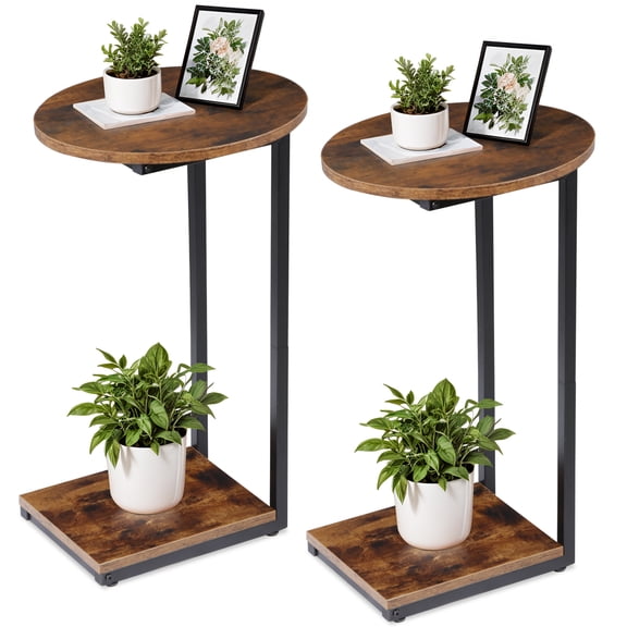 ZOPan C-Shaped End Table Set of 2 Wood Side Table Sofa Couch Table w/Metal Frame Brown