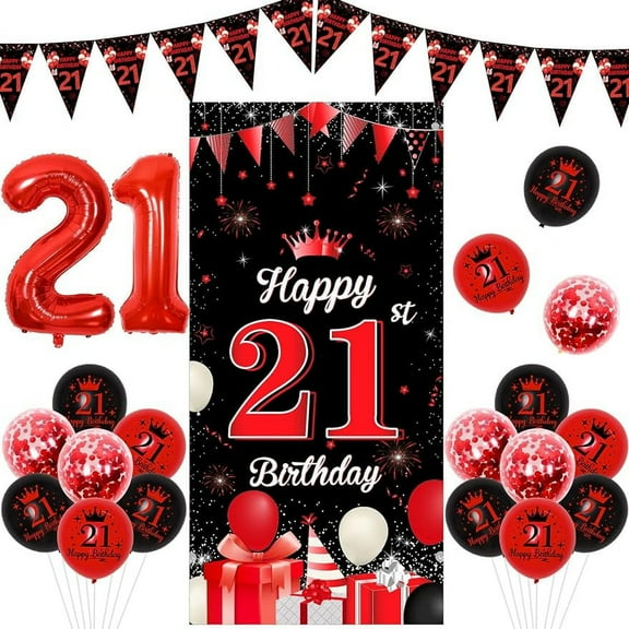 JOYMEMO Red Black 21st Birthday Decorations Girl Boy, Legal Adult 21st Birthday Door Banner Cover, Triangle Flags and Latex Printed Confetti Balloons, 21 Years Old Birthday Party Supplies