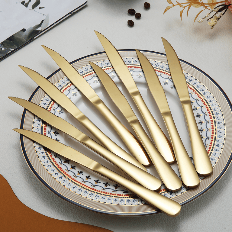 Stainless Steel Serrated Steak Knife Set of 6, BuyGo Gold Color Heavy Duty  Dinner Table Knives for Cutting Meat, Beef, 8.6 Inch, Dishwasher Safe