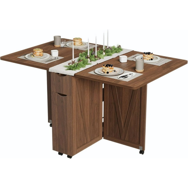 Bingirl Folding Kitchen Table with 6 Wheels, Folding Dining Table with Drawer and Storage, Suitable for Small Spaces and Kitchens