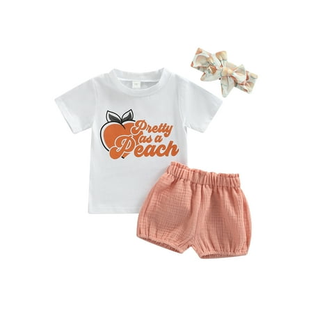 

TheFound 3PCS Baby Girls Summer Clothes Peach Letter Printed Short Sleeve T-shirt Short Pants Headband Sets