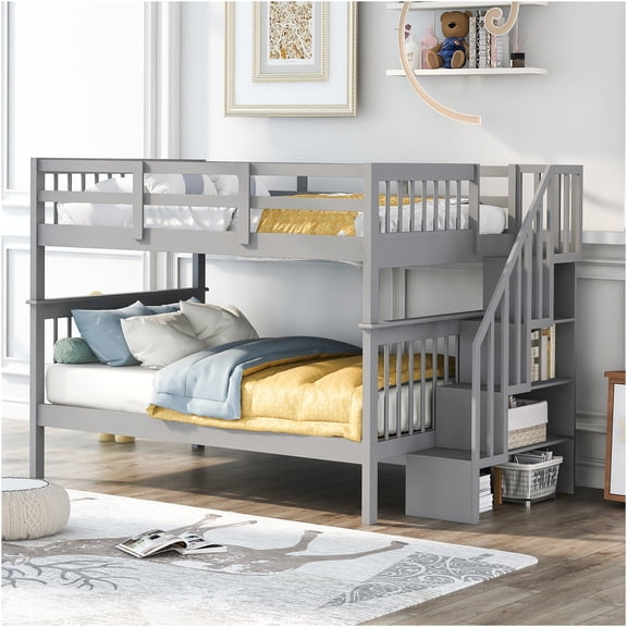 JERFIT Full-Over-Full Bunk Bed with Stairs, Gray Twin Size Bunk Bed with Storage Drawers, Guard Rails, Space Saving Design for Bedroom, Dorm