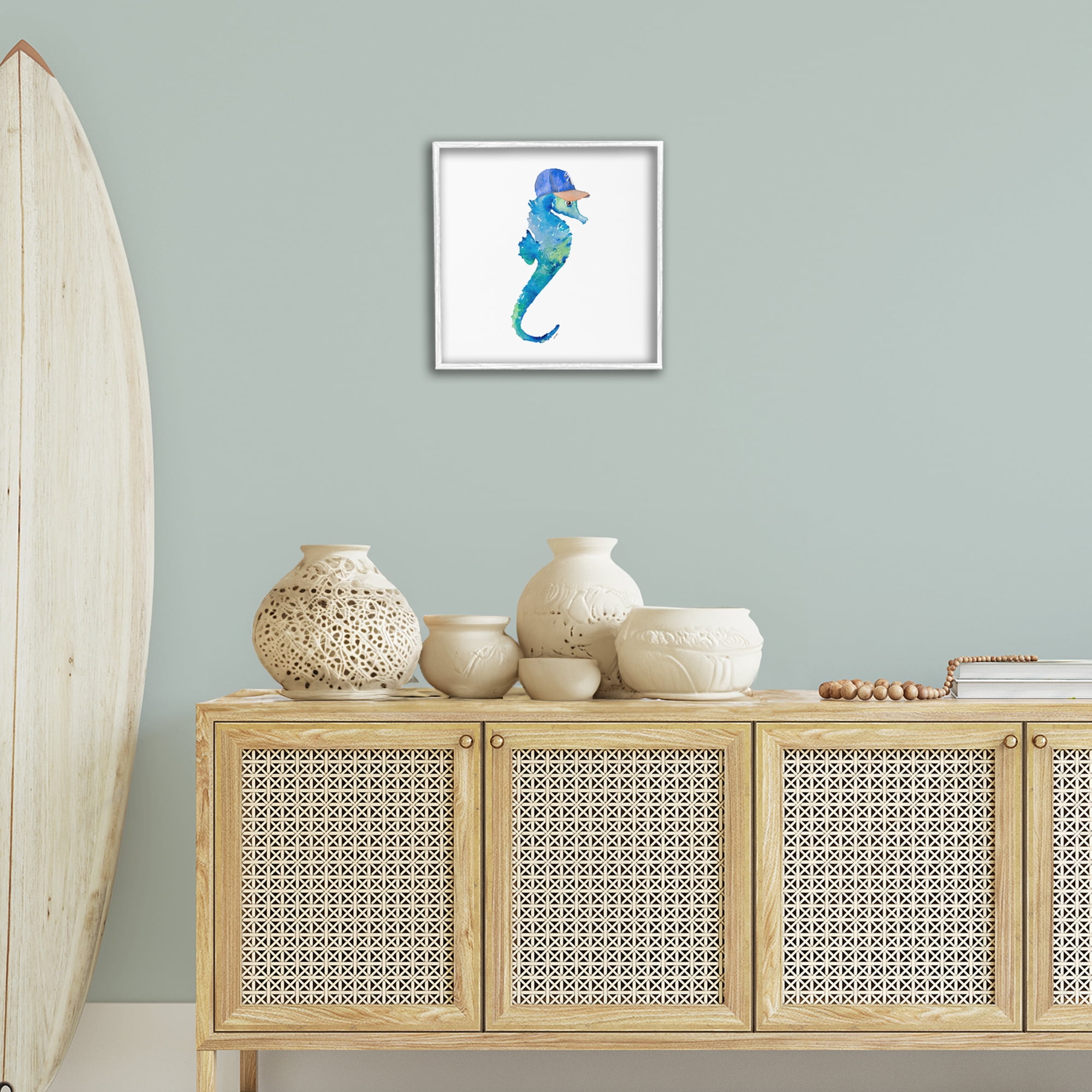 Stupell Industries Blue Seahorse in Hat Novelty Painting White Framed Art Print Wall Art, 17 x 17