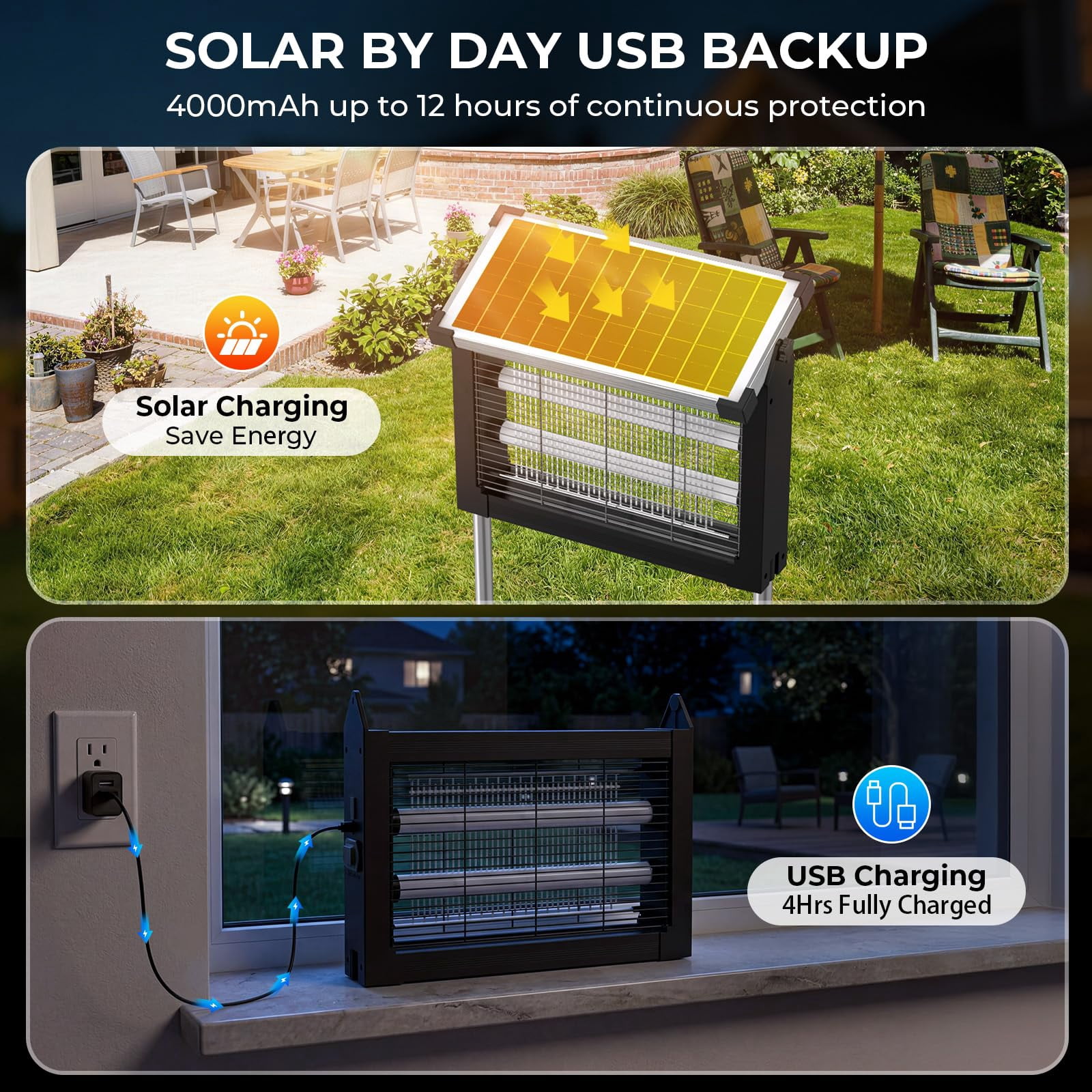 Solar Zapper Outdoor  4500v Waterproof Mosquito Usb Rechargeable 4000mah Fly Cordless With Auto On/off For Patio Backyard Garden Camping