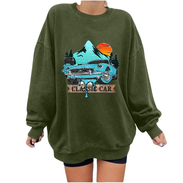 Blusa de manga larga con estampado de coche informal con cuello redondo para mujer Fridja hj2438