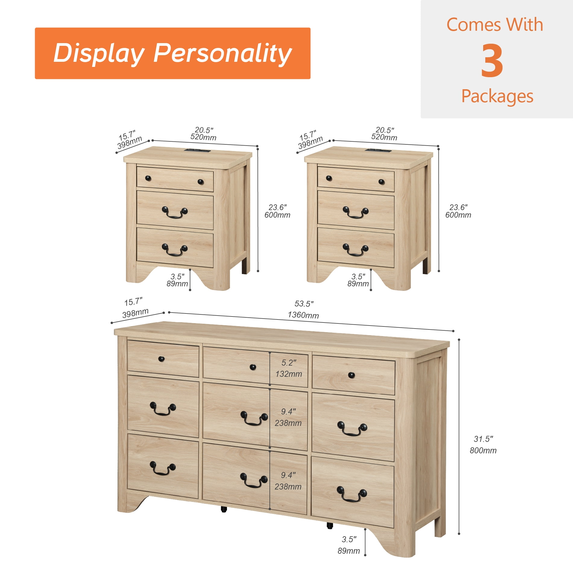 3PCS Farmhouse Dresser Set, 9-Drawer Dresser For Bedroom And Wood Nightstand Set Of 2 With Charging Station For Bedroom, Living Room, Hallway,Dining Room