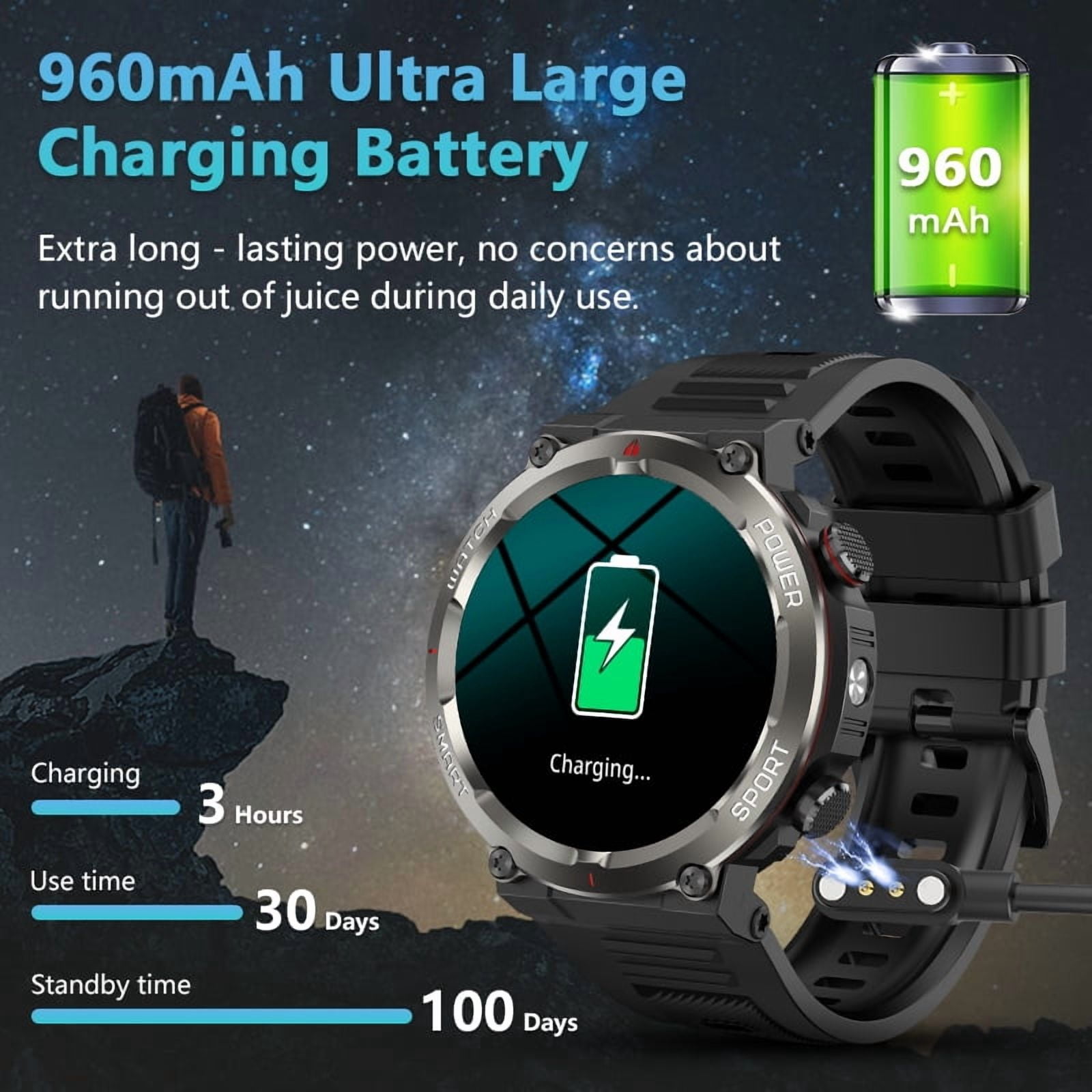 IOWODO Military Smart Watch for Men, 1.47" HD Smart Watches with Heart Rate/SpO2/Sleep Monitor, 110+ Sports Modes Fitness Tracker, 960mAH Battery Led Flashlight Outdoor Smartwatch for iOS Android
