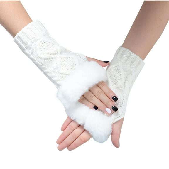 Womens Winter Fingerless Gloves Knitted Arm Warmers Hand Mittens ThumbHole Plush Faux Fur Wrist Short Cuff Gloves