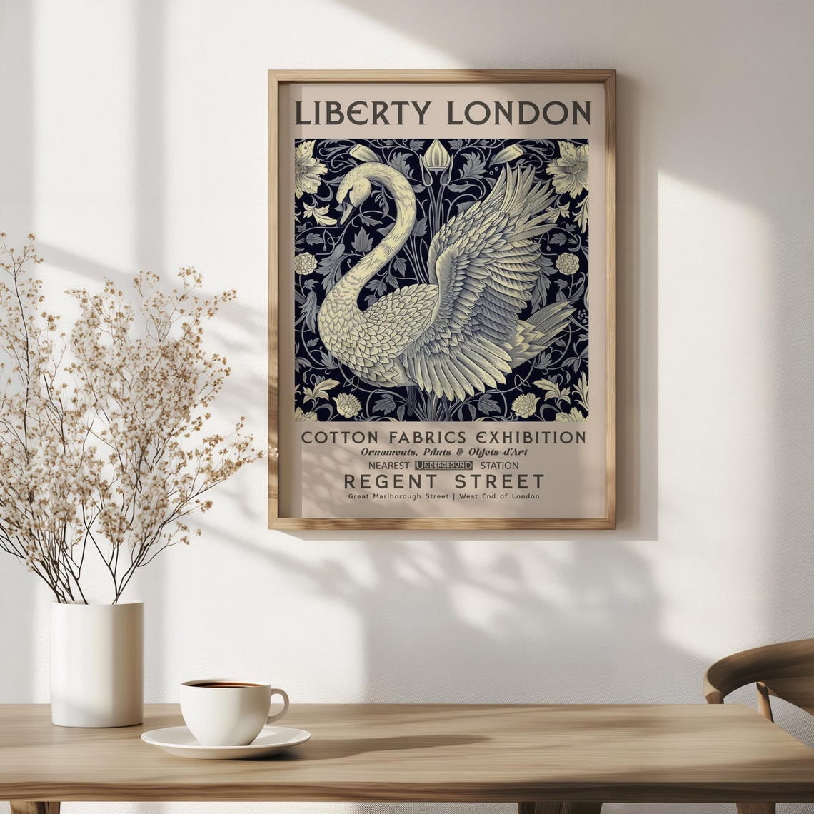 Liberty London Collection Swan Floral Print, Botanical Animal Home Decor, Unframed Paper Poster 8x10in
