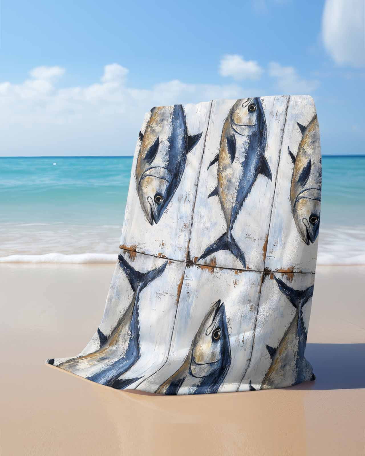 Coastal Fish Beach Towels Oversized Super Absorbent, Oil Painting Ocean Nautical Beach Lightweight Bath Towel Quick Dry Sets For Bathroom/Pool/Rv Camping/Beach Play/Gym Room/Picnic 35"x70"