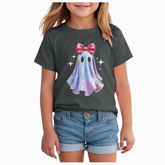 xaweyi Kids Halloween Graphic Shirt Cute Ghost with Bow Short Sleeve Crew Neck Girls Top,Sizes 18-24 Months