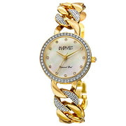 August Steiner Womens Swarovski Crystal Watch - Genuine Diamond Hour Markers On Pink Mother of Pearl Dial and Yellow Gold Bracelet - AS8190