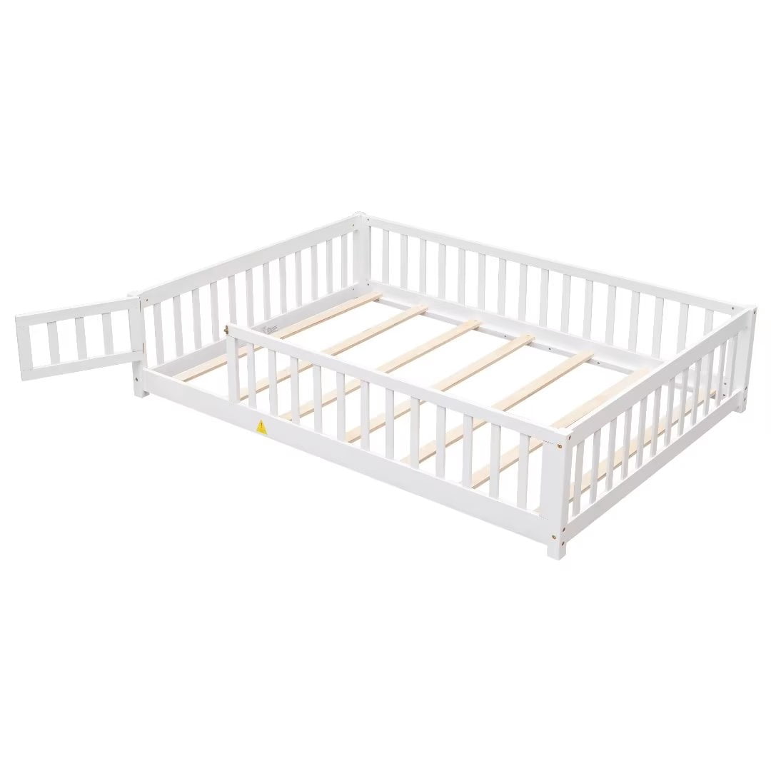 Full Size Floor Platform Bed with Fence and Small Door, Wooden Bed Frame with Wood Slat Support, Mattress Base, Safety Bed Frame for Boys Girls Bedroom, No Box Spring Needed, Easy Assembly, White
