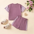 thumbnail image 4 of Xyant Toddler Baby Girl Clothes Summer Outfit Plaid Patchwork Short Sleeve Letter Embroidery T Shirt Tops and Stretch Casual Shorts Set (Purple,2-3 Years), 4 of 7