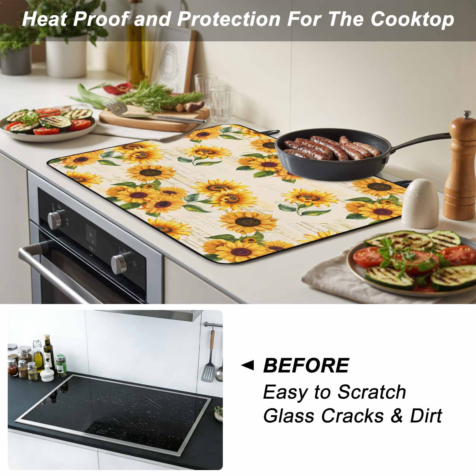 Vintage Sunflower Stove Top Cover for Electric Stove, Heat-proof & Non Slip Glass Top Stove Cover Protector, Yellow Flowers Summer Botanical Retro Art Kitchen Flat Cooktop Rubber Mat 24x21 Inches