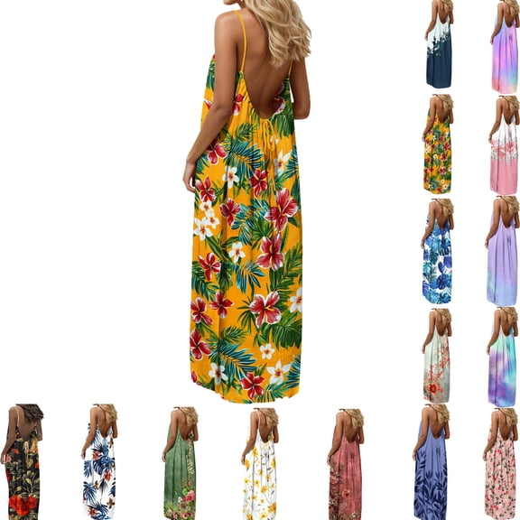 Elvqul Womens Maxi Dress Scoop Neck Flowy Summer Dresses Pullover Boho Vacation Sleeveless Dress for Women Tunic, Sizes S-5X