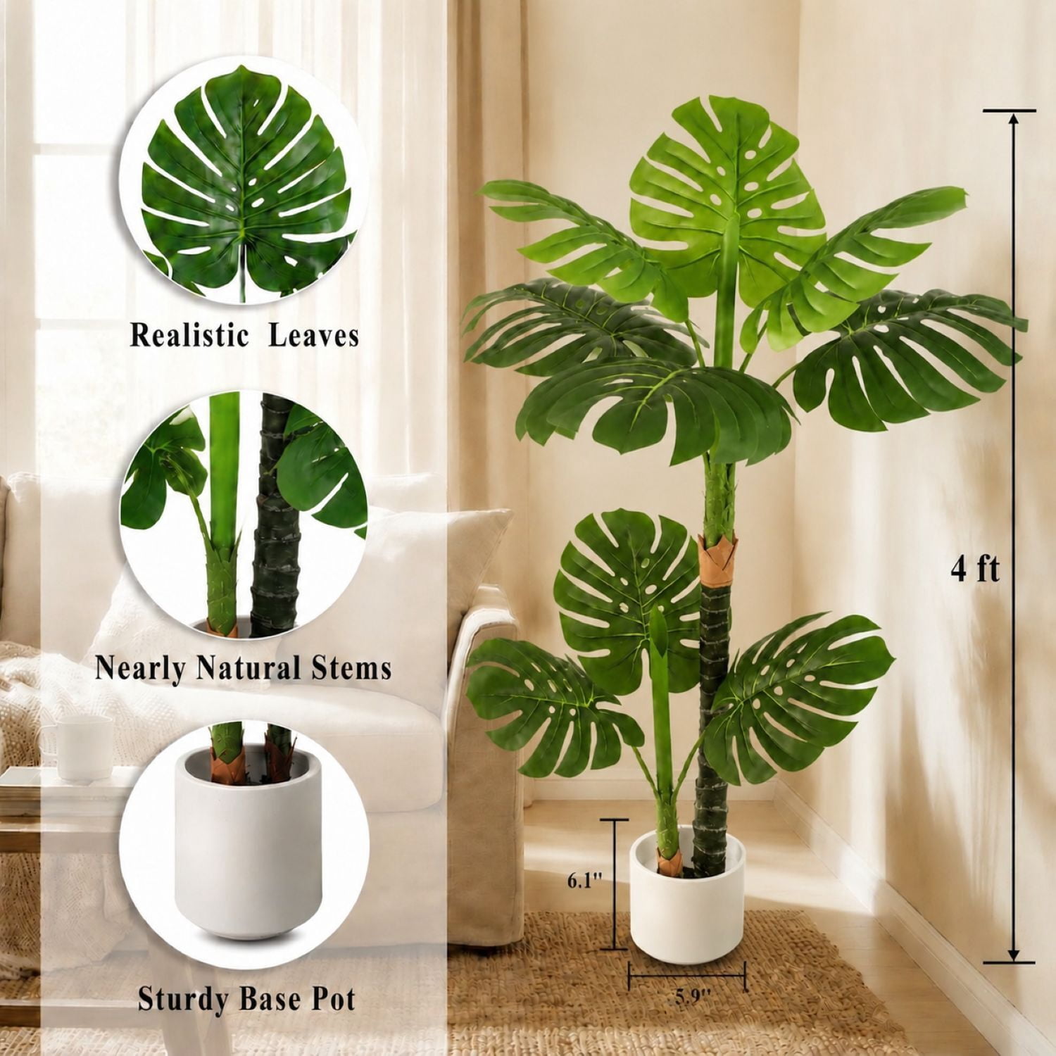 Easy4Home 4FT Artificial Plant Fake Tropical Potted Tree Indoor Faux Floor Plant for Home Office Decor, White Pot