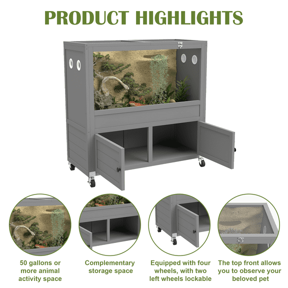 50 Gallon Reptile Terrarium Stand, Adjustable Storage Cabinet, Wheels & Metal Mesh Roof Door, Reptile Habitat Enclosure For Snake/Lizard/Gecko/Tortoise