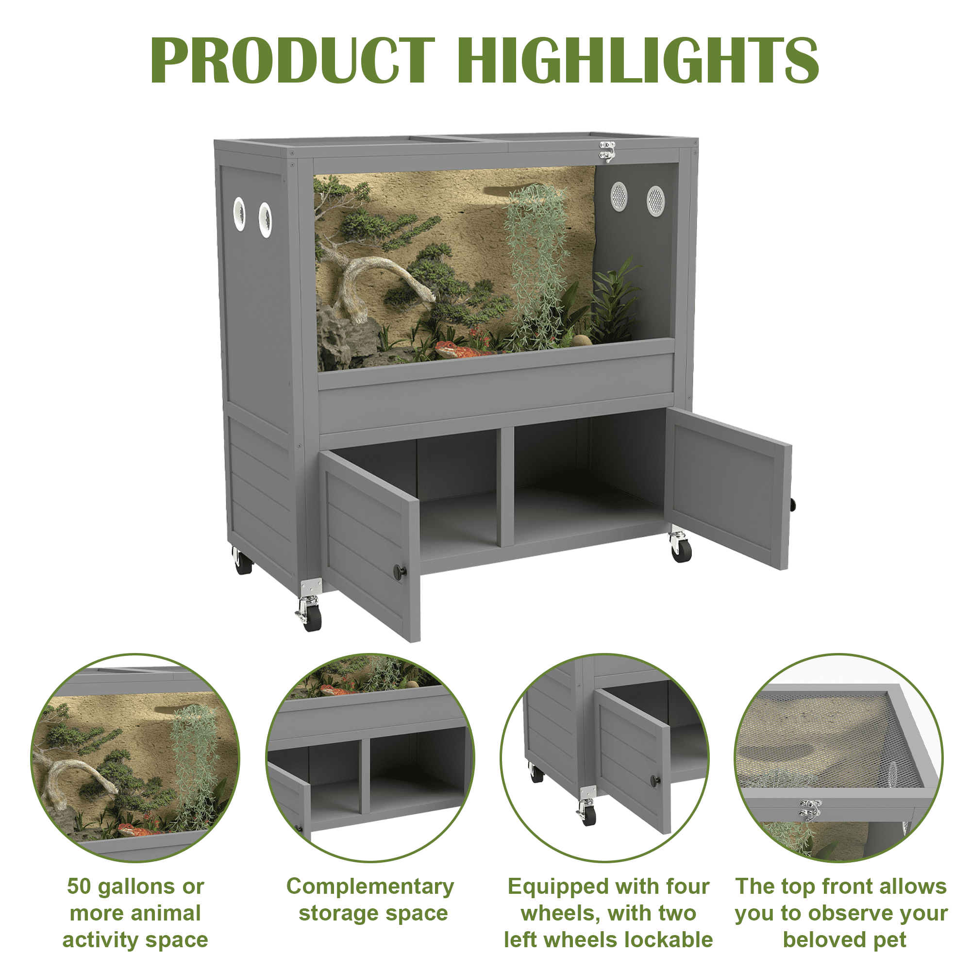50 Gallon Reptile Terrarium Stand, Adjustable Storage Cabinet, Wheels & Metal Mesh Roof Door, Reptile Habitat Enclosure For Snake/Lizard/Gecko/Tortoise