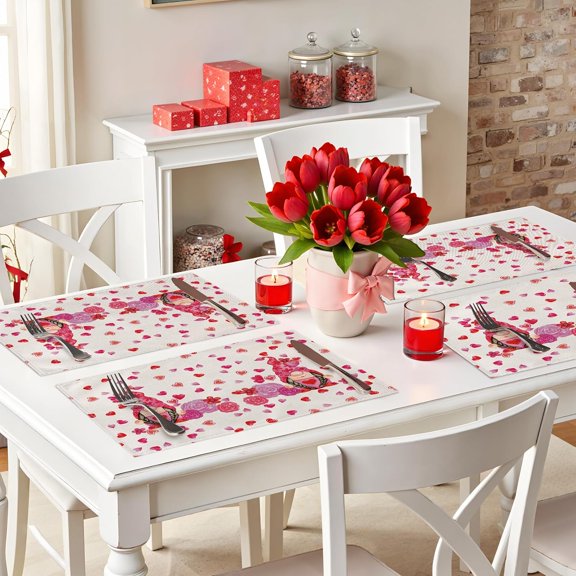 Larponder Red Heart Valentine's Day Place Mats, Gnomes Rose Pattern Table Decor, Fabric with Wrinkle Resistant, for Anniversary Wedding Home Party Indoor Outdoor
