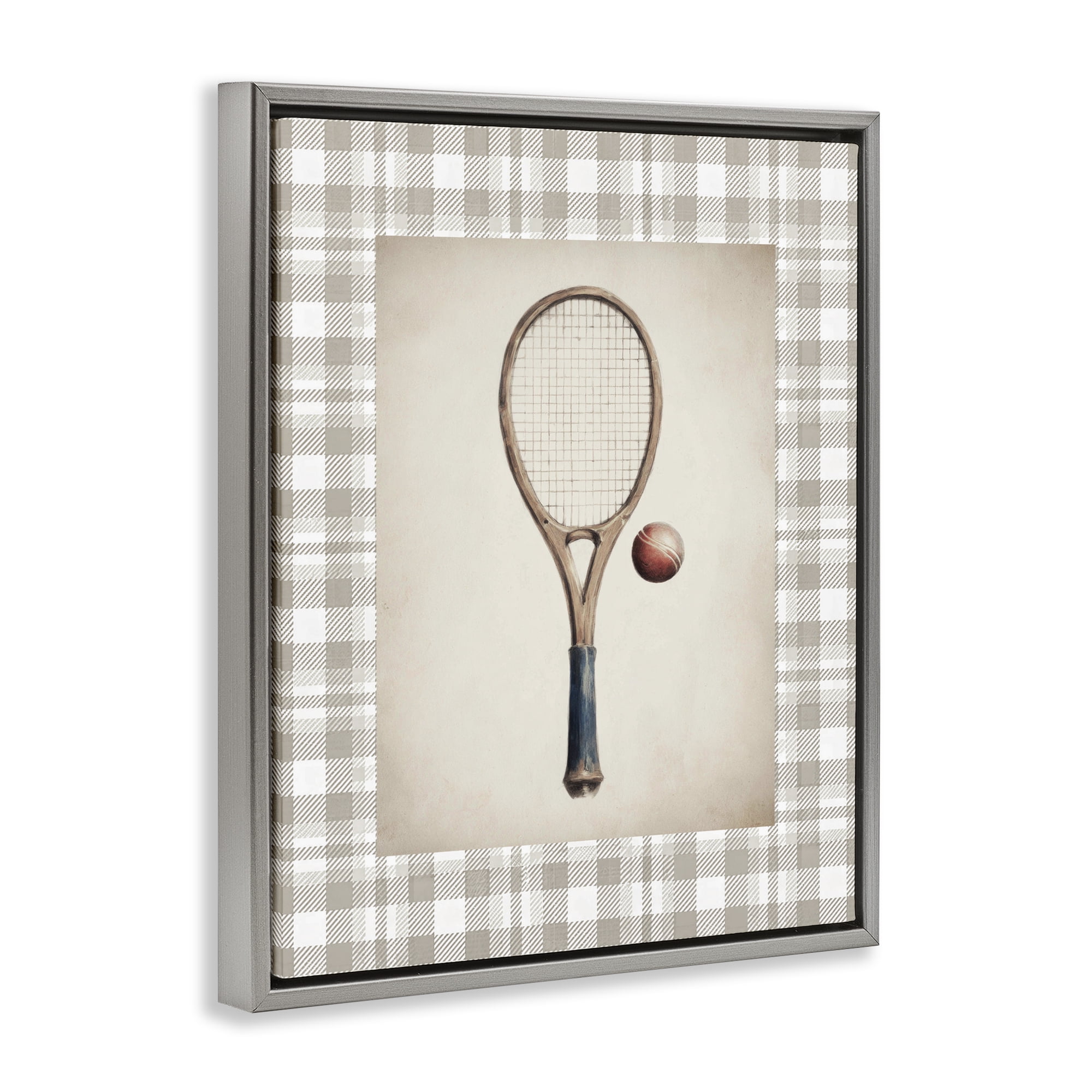 Stupell Industries Vintage Tennis Racket & Ball Gray Framed Floater Canvas Wall Art, design by Sisi and Seb