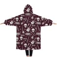 thumbnail image 2 of Oversized Wearable Blanket Hoodie,Burgundy Rock Skull Pattern Sherpa Blanket Hoodie with Super Pockets,Super Warm Fuzzy Pullover for Women & Men, 2 of 6