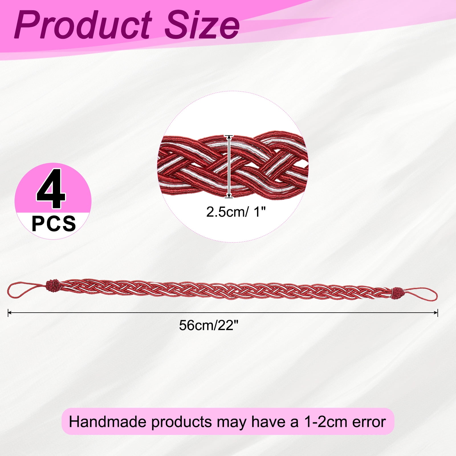 Unique Bargains Curtain Tiebacks Braided Drapery Holdback Wine Red 24" 4 Pcs