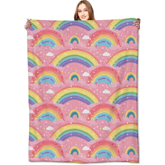 Pink Rainbow Throw Blanket, Colorful Clouds and Stars Soft Flannel Fleece Blanket for Couch Bed, Cute Plush Gift for Girls Room Decor