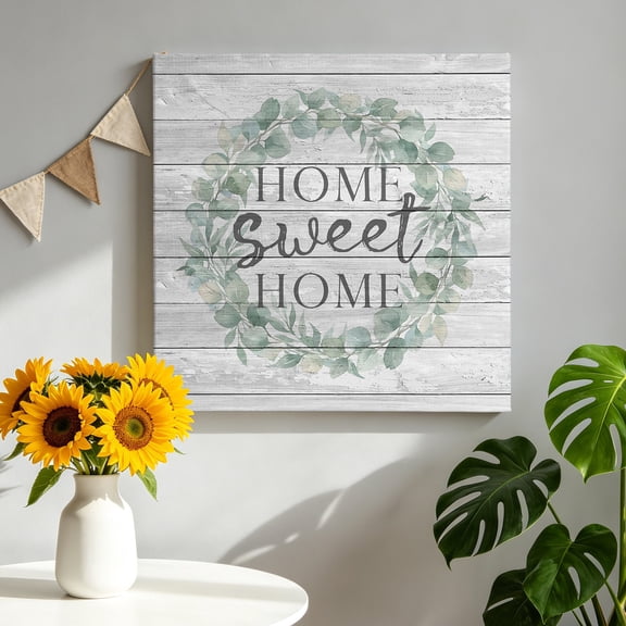 Sweet Home Canvas Wall Art for Living Room, Green Leaf Wreath Gray Wood Grain Rustic Farmhouse Poster Print Painting for Bedroom Dining Room Balcony Decoration Wall Pictures Prepare To Hang 10"x10"