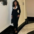 thumbnail image 4 of Women's Black & White Color Spliced Turn-down Collar U-Neck Long Sleeve Jumpsuits, Zipper, Sexy, 4 of 18