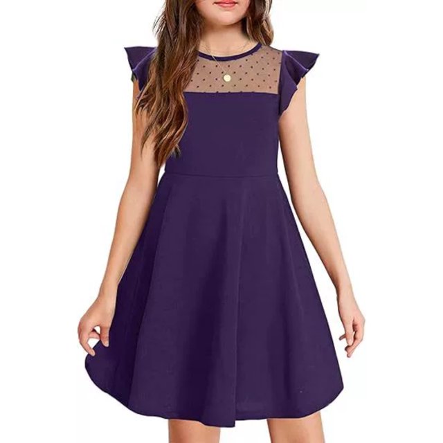 Robe Fille Été Manches à Volants en Maille Décontractée Robes de Fête avec Poches pour Enfants