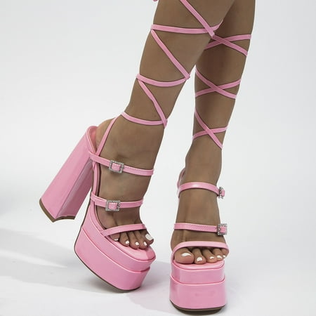 

HAOTAGS Womens Dressy High Heel Sandals- Strappy Lace Up Platform Casual Summer Shoes Pink Size 7
