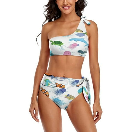 Marine Life  Fish  Animals Bright One Shoulder Bowknot Swimsuit Two Piece Swimsuit Knot Crop Top Bikini High Waisted Bathing Suit