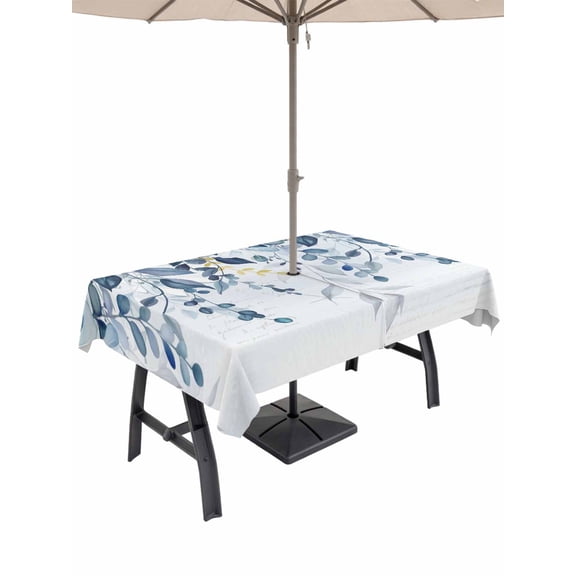 Navy Blue Eucalyptus Leaves Outdoor Tablecloth - 60x102 Inch Rectangle Dining Table Cover, Retro Country Leaf Botanical Waterproof Outdoor Table Cloth with Umbrella Hole & Zipper for Picnic/Patio