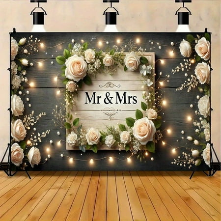Romantic Wedding Polyester Backdrop, Mr & Mrs Floral Design Banner, Multipurpose Indoor & Outdoor Party Decoration, Room & Garden Celebration Sign