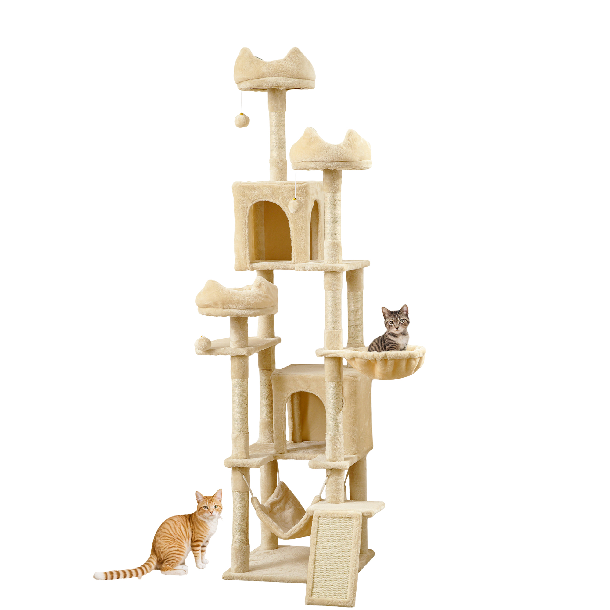 Uforic 75in Large Cat Tree, Multi-Level Cat Tower Condos with Scratch Posts, Cozy Basket Hammocks, Top Perches, Sisal Ramp, Pet Play House, Beige