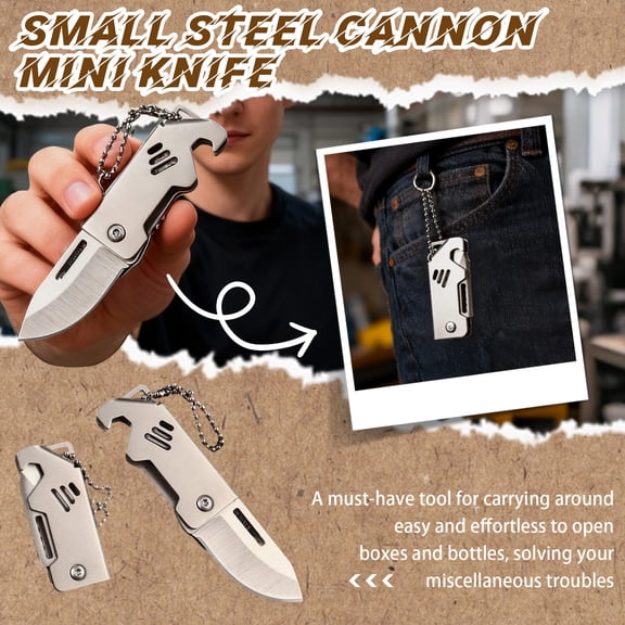 48MM Small Steel Cannon Mini Knife Keychain Pendant Portable Sharp Folding Multi-Tool With Bottle Opener Serrated Edge, Ultra-Thin Foldable Design Fits In Pockets Keychains,