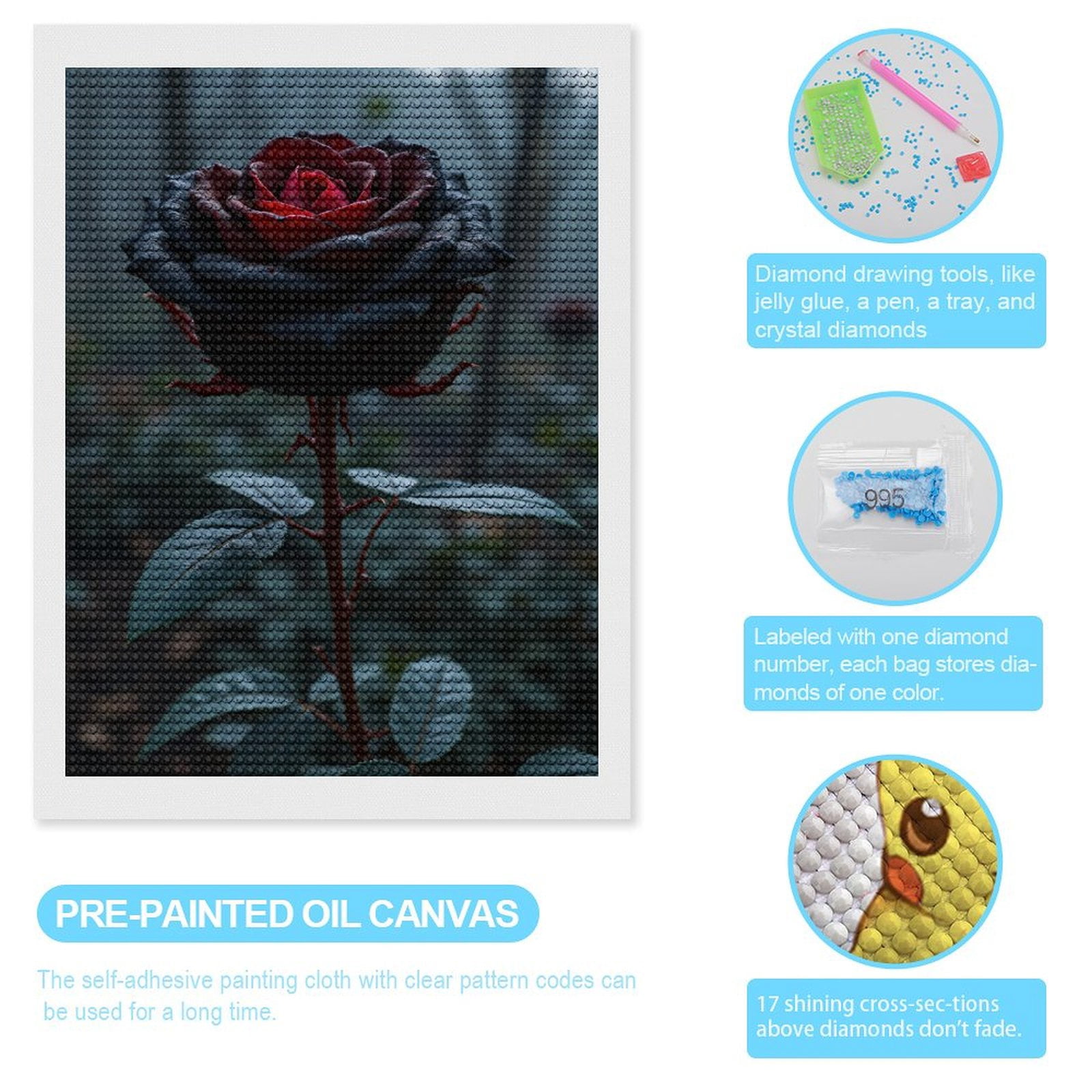 Diamond Art Kits for Adults, Mystical Dark Red Rose Bloom 5D Diamond Painting Kits for Adults Beginners, DIY Full Drill Diamond Painting, Gem Art and Crafts 12x16