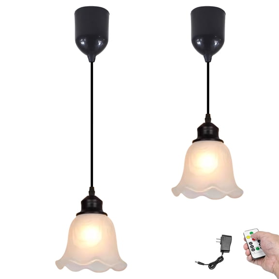 Kiven Battery Operated Pendant Light with Remote Control, Set of 2 Rechargeable Hanging Pendant Light Adjustable Height with Frosted Glass Lampshade for Bedroom Kitchen Home Decor TB3506