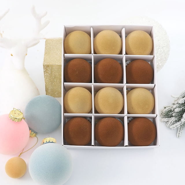 Suministros de decoración navideña, 12 bolas navideñas de terciopelo flocadas, adornos navideños de plástico, adornos colgantes decorativos navideños, decoración para árbol de Navidad de 3,14 pulgadas
