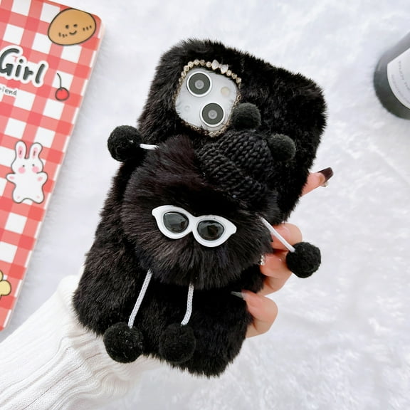 Allytech Faux Furry Case Cover for Apple iPhone 15, Girly Fuzzy Faux Fur Protective Anti-Scratch Cute Cover Case for Girls Women - Black