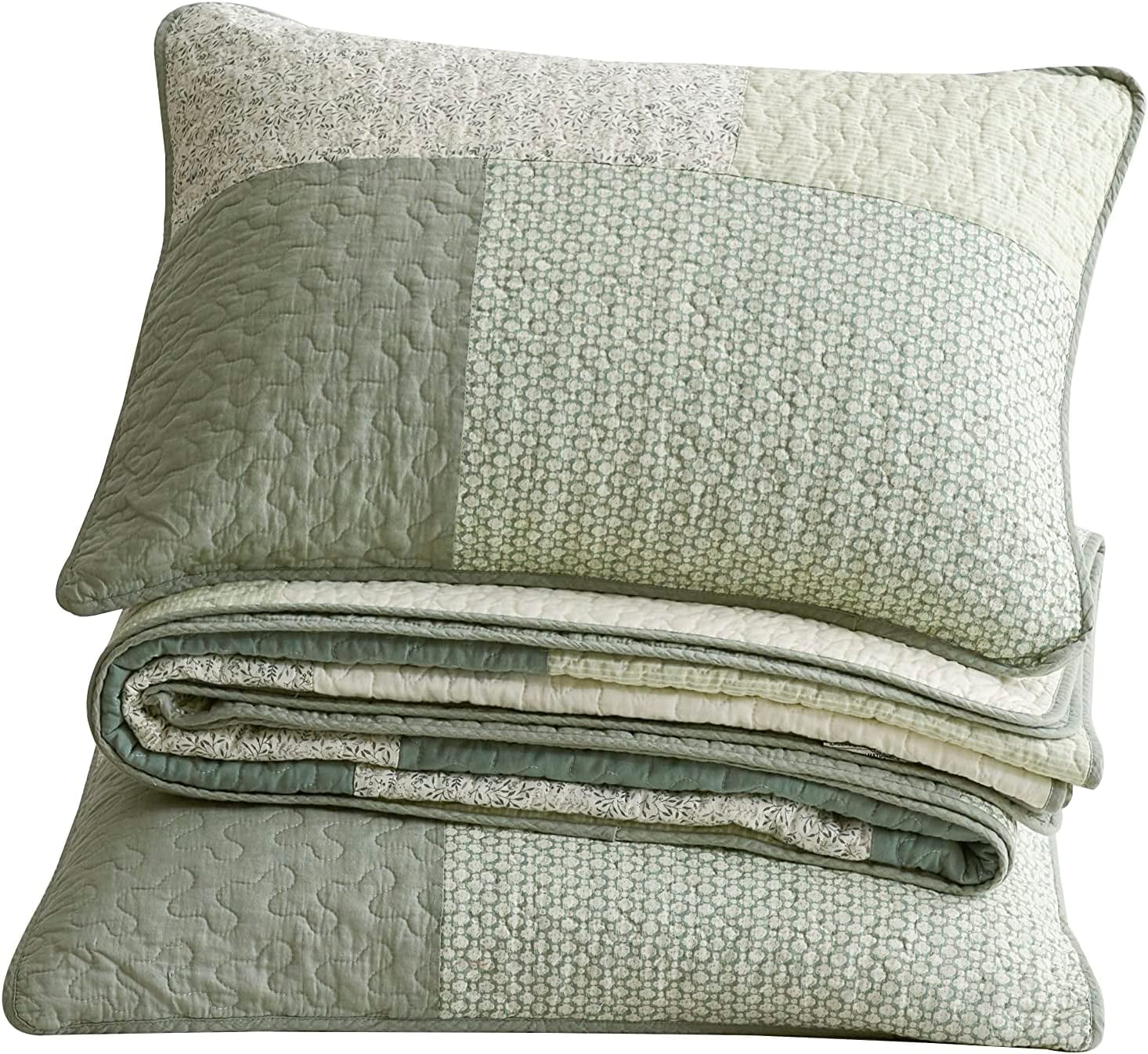 Chezmoi Collection 3-Piece Chic Green Floral Stripe Patchwork Cotton Quilt Reversible Lightweight Bedspread Set, Super King Size