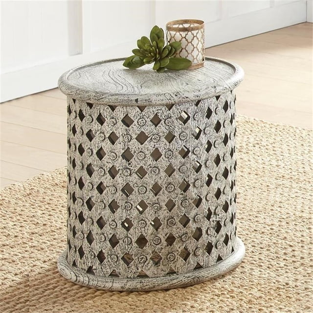 Samir Aged White Alabaster Wood Round End Table