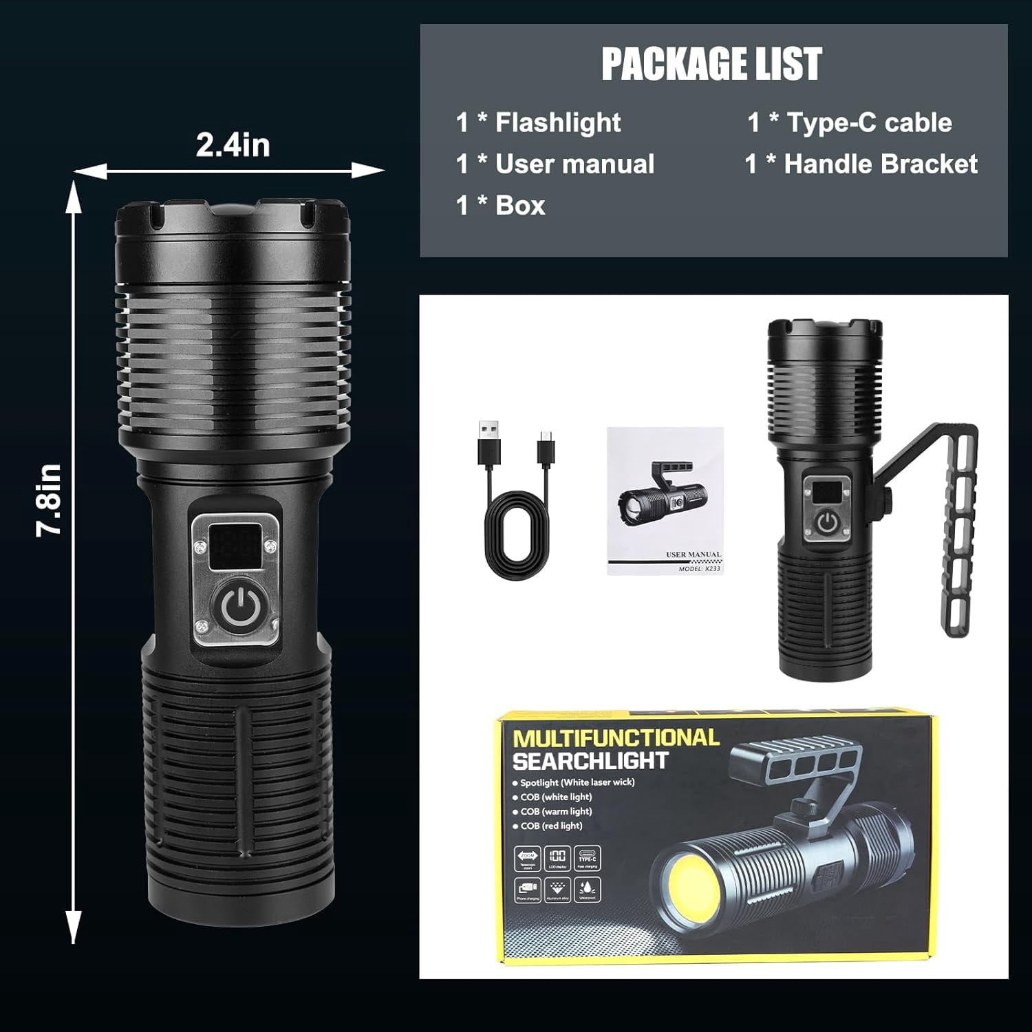WOLFWAY Flashlights High Lumens, Rechargeable Torch with Cob Taillight, 2500 Lumens Super Bright LED Light, Flash Light with 11 Modes