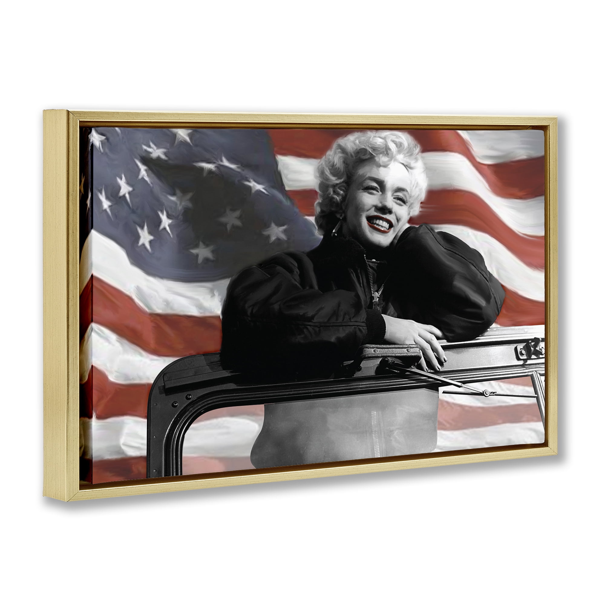 Stupell Industries Marilyn & Waving Flag People Painting Gold Floater Framed Canvas Art Print Wall Art, 31 x 21