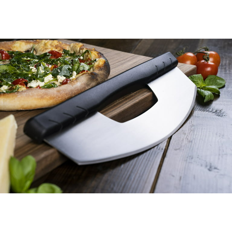 Met Lux 13.8 x 3.5 inch Rocker Pizza Knife, 1 Durable Pizza Rocker Blade - Dishwashable, Rounded Handle, Black Stainless Steel Rocking Pizza Cutter, I