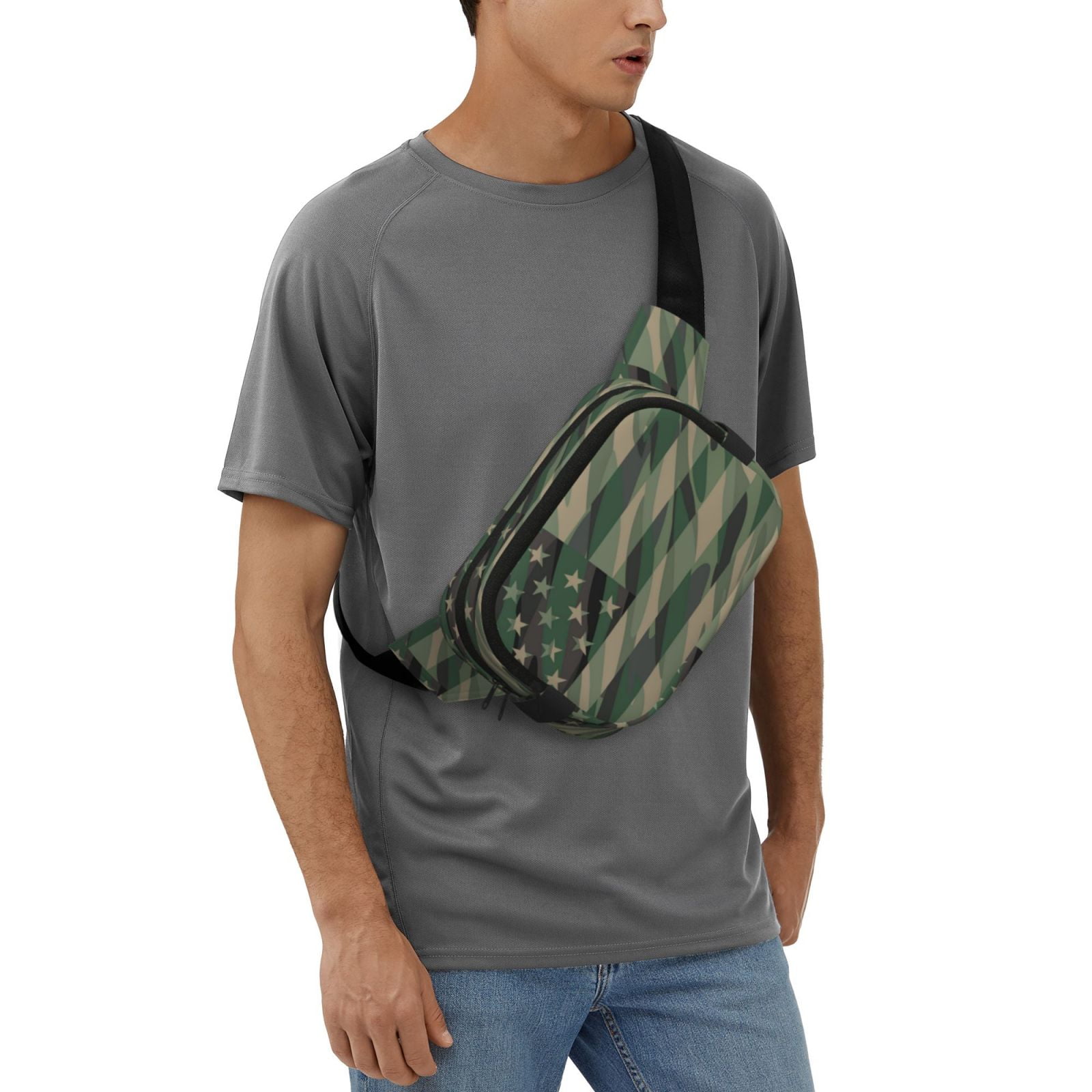 Kdxio Jungle Green Camo USA Flag Crossbody Double Layer Waist Bag Belt Bag for Unisex Fanny Pack Fashion Waist Packs for Hiking Running Shopping Traveling